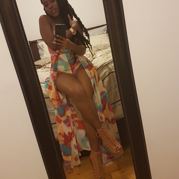 Multicoloured, Armless Maxi Dress/Romper w/ Slit - Picture 1 of 5